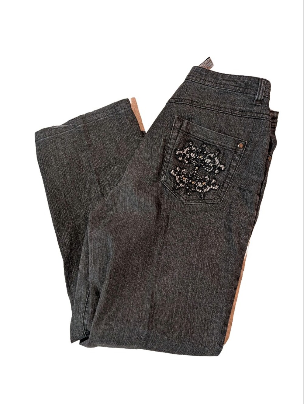 Women's Grey-Black Embellished Back Y2k Pocket Jeans